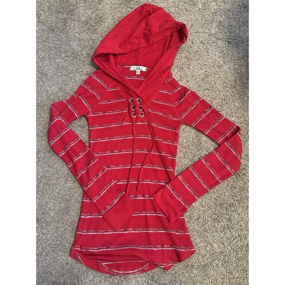 Y2K LEI Juniors Rib Shirt Coquette Henley Eyelet Tie Hood Stripe LS Med Slim